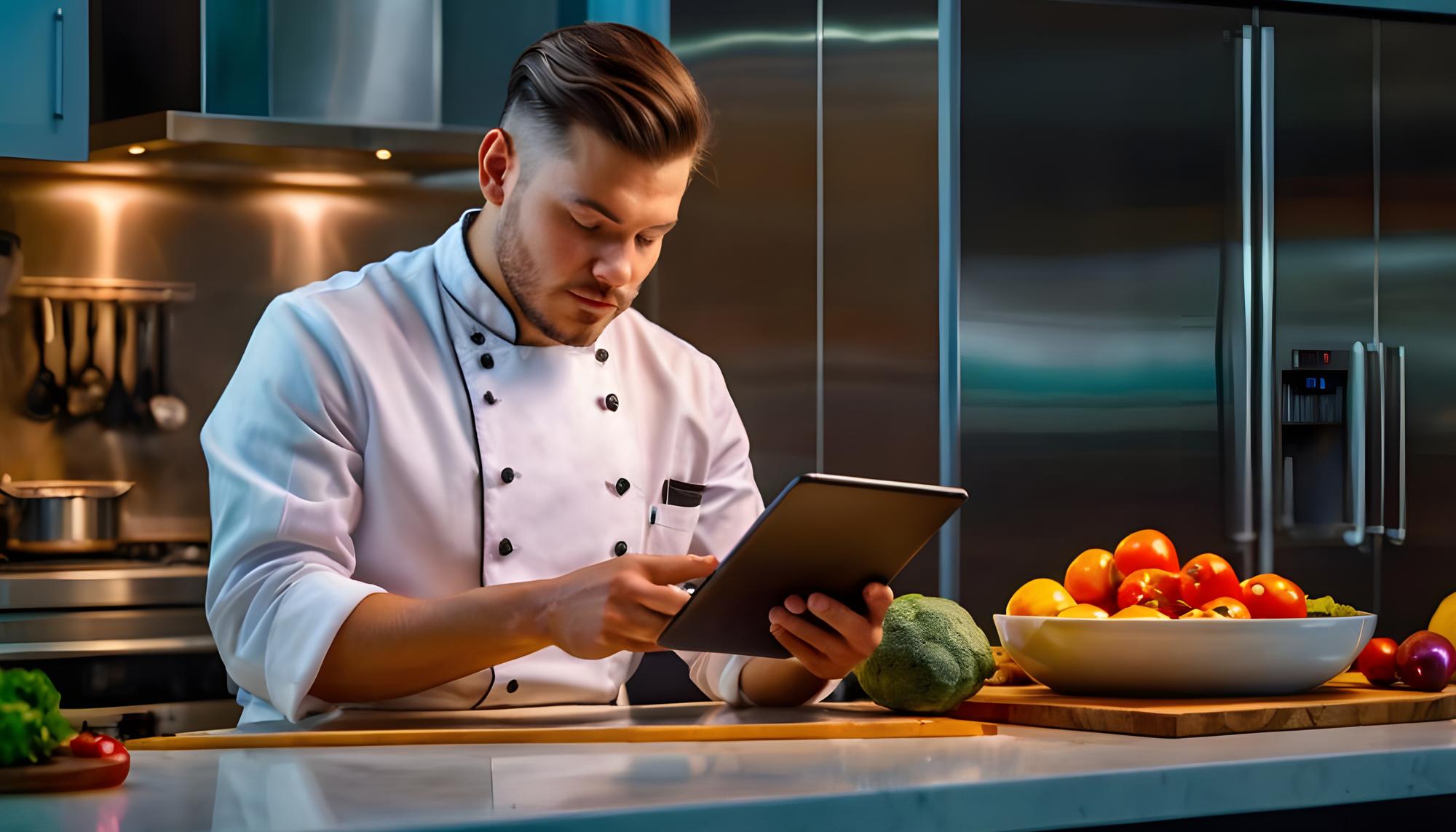Szef kuchni z tabletem planujący menu